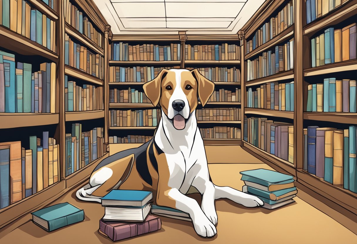 A modern library with books stacked neatly, a contemporary dog with a collar reading "Gatsby," "Lolita," and "Atticus."