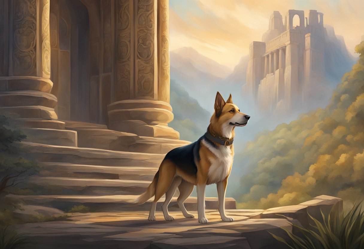 A majestic dog stands proudly amidst a grand, ancient setting, evoking a sense of myth and legend. The atmosphere is filled with a sense of timeless wisdom and epic adventure