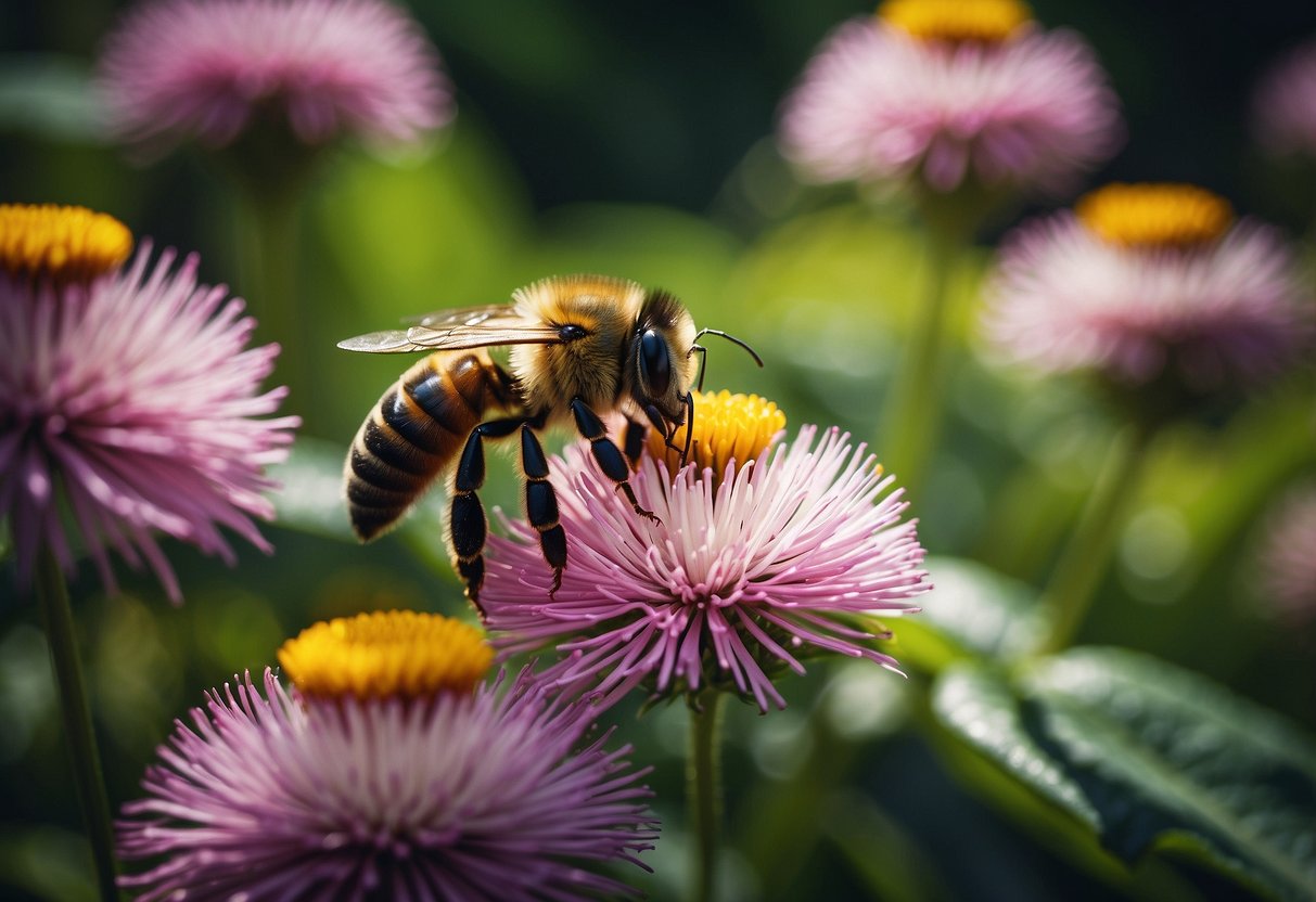 Busy bees buzz around colorful flowers in a lush Singapore garden
