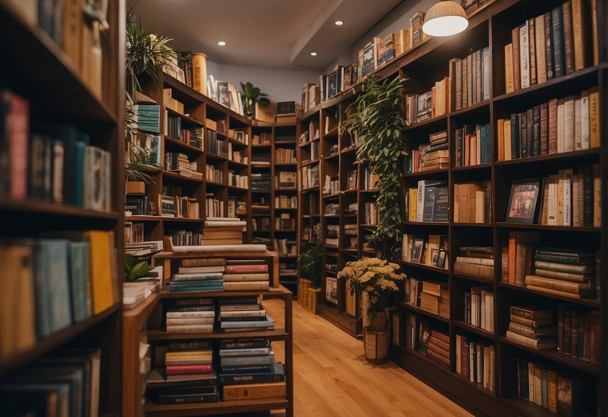 A cozy Christian bookstore in Singapore, filled with colorful shelves of books, religious artifacts, and peaceful ambiance