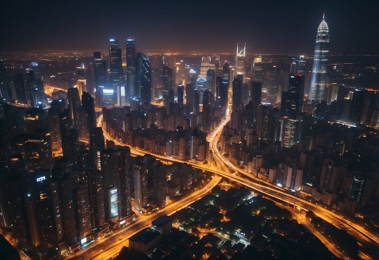 A bustling cityscape with skyscrapers, bustling streets, and vibrant city lights in the evening