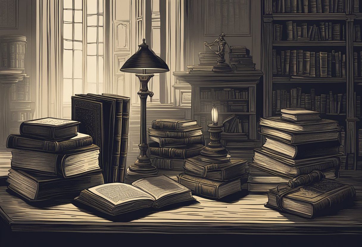 A collection of eerie and mysterious books lay scattered on a dark, antique table, while a shadowy figure lurks in the background