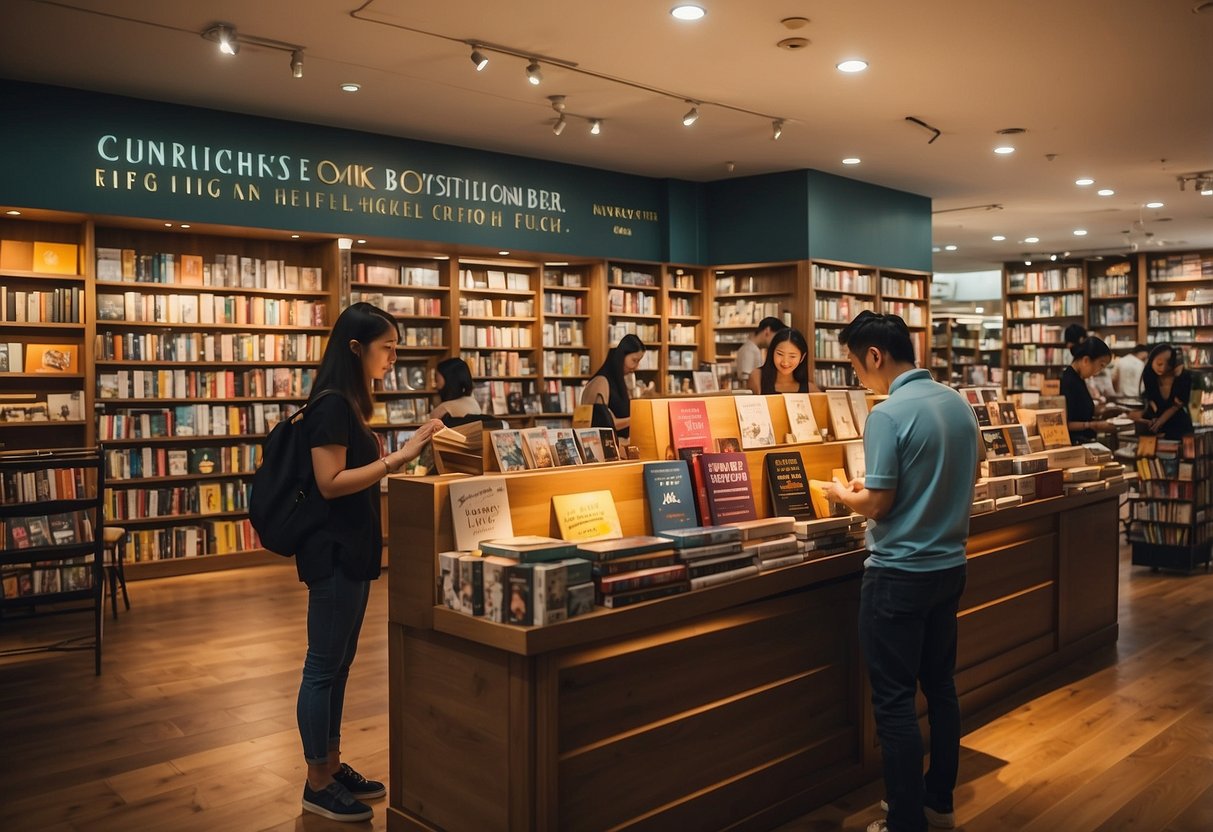 Customers browse shelves of Christian books and gifts in a cozy Singapore bookstore. Bright lighting and warm colors create a welcoming atmosphere