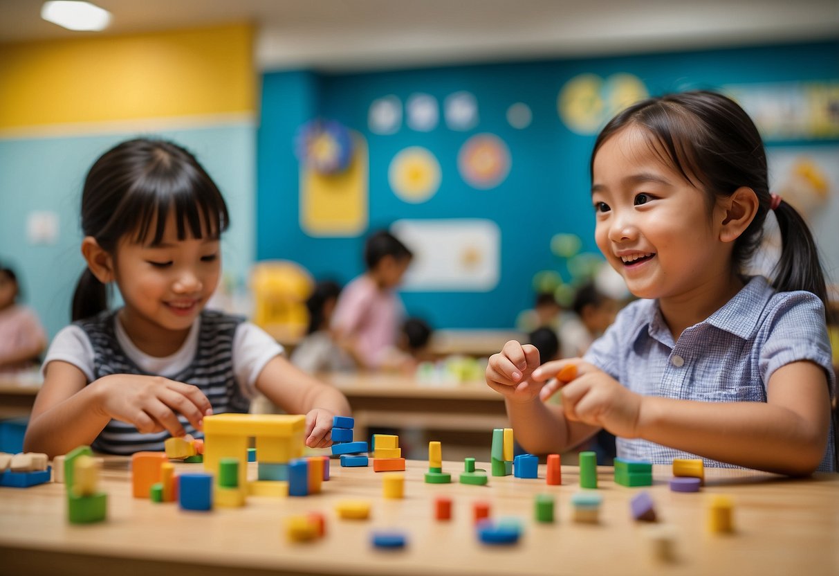 Children engage in various activities, from art to music, in a vibrant classroom setting at Busy Bees Singapore