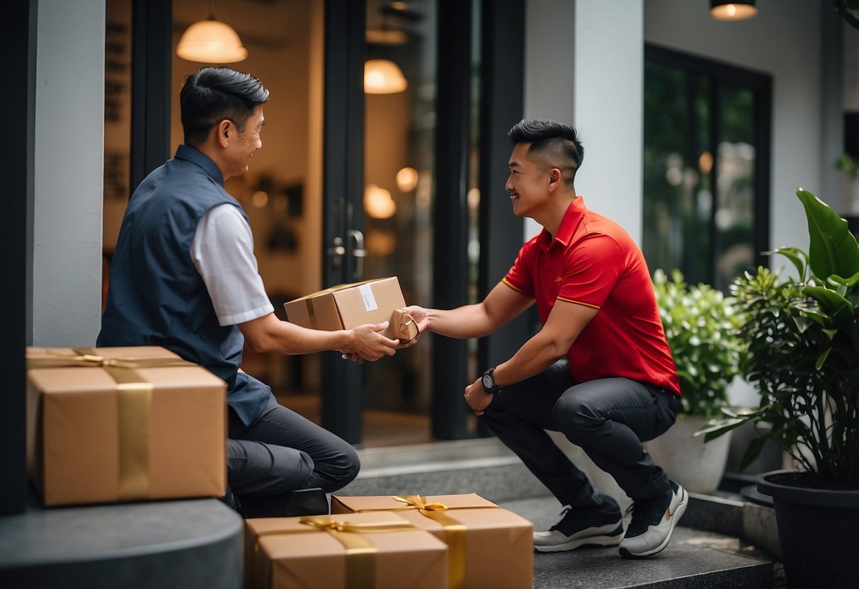 A delivery driver hands over a Cava Singapore order to a customer at their doorstep