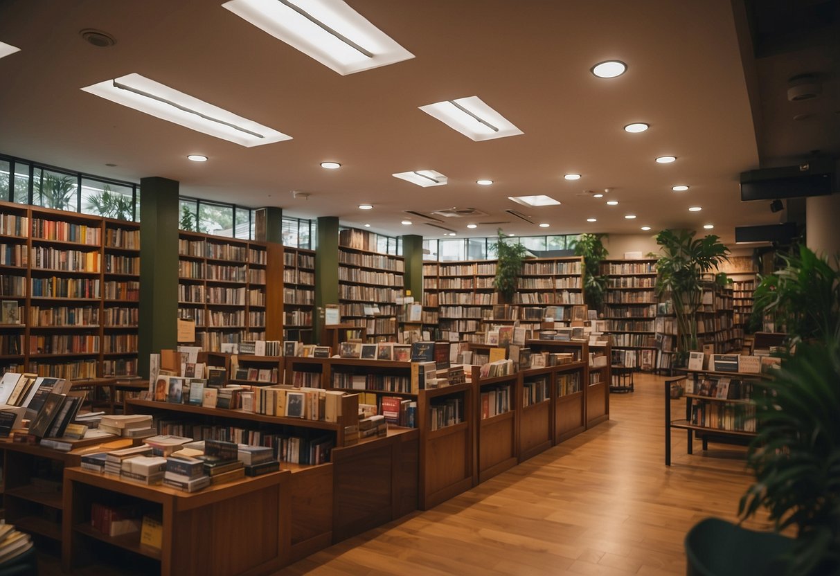 A bustling Christian bookstore in Singapore, filled with diverse readers seeking spiritual growth and community engagement. Shelves lined with books, cozy seating areas, and a warm, welcoming atmosphere