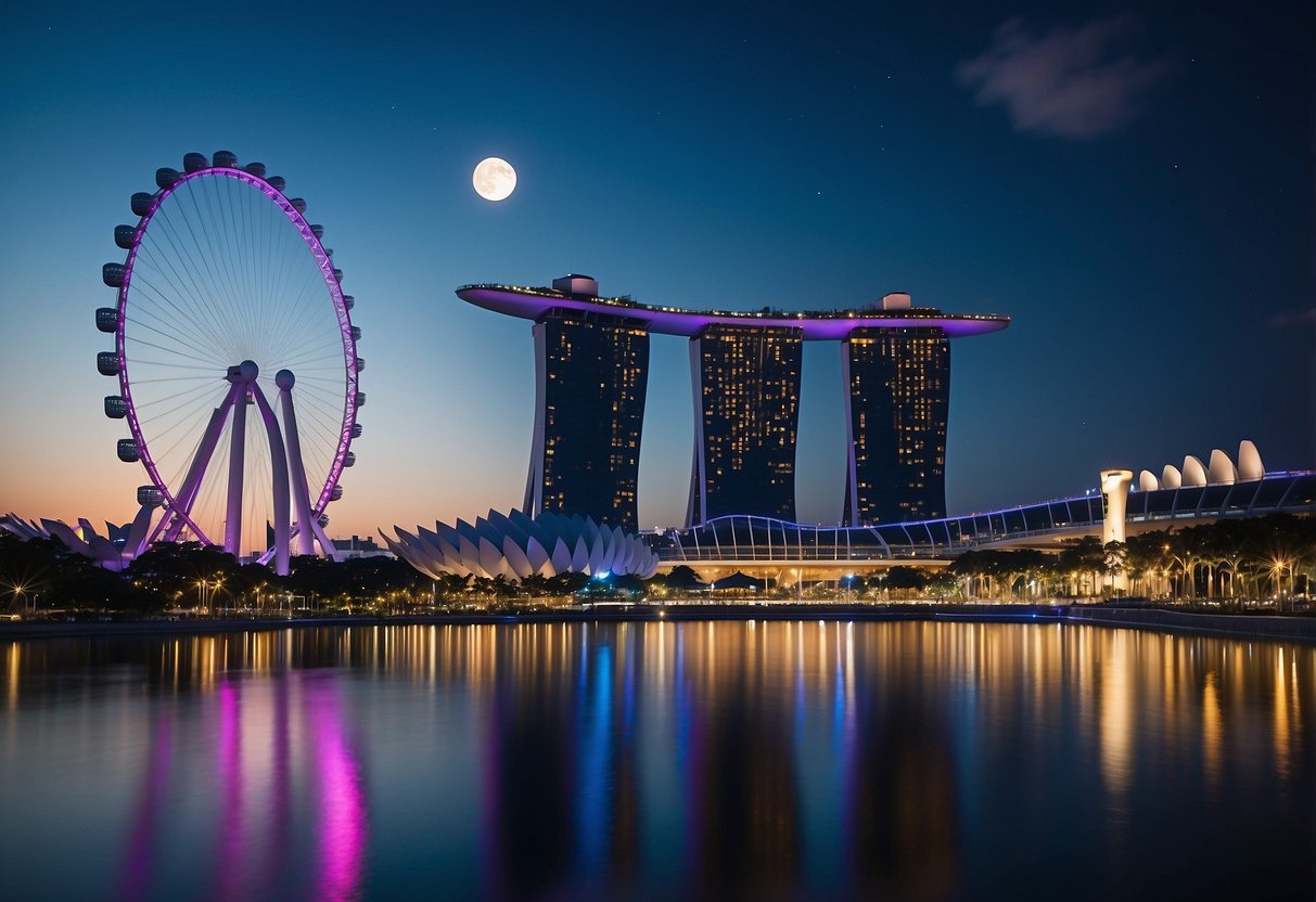 The iconic Marina Bay Sands hotel and the Singapore Flyer against the backdrop of a stunning blue moon in the night sky