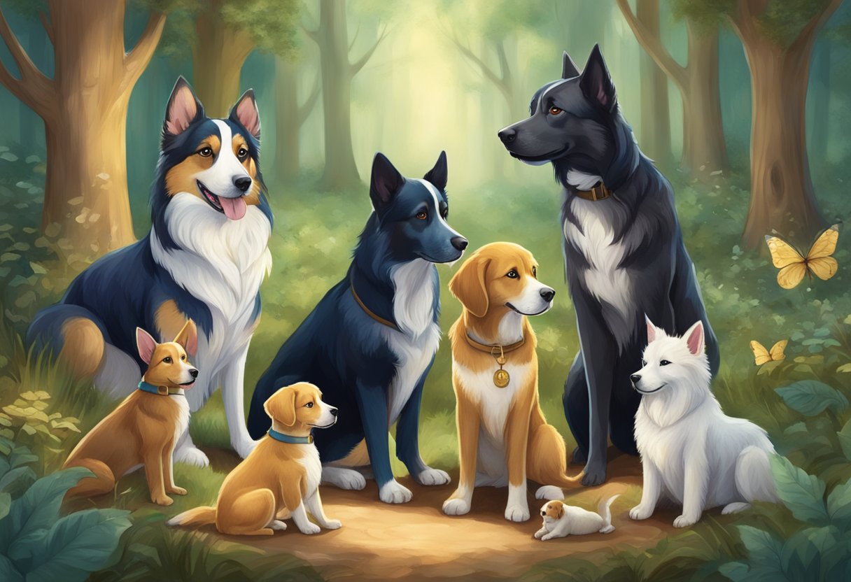 A group of fairy tale dogs gather around a magical forest clearing, each with a name from a different fairy tale, like Cinder, Puss, and Beast