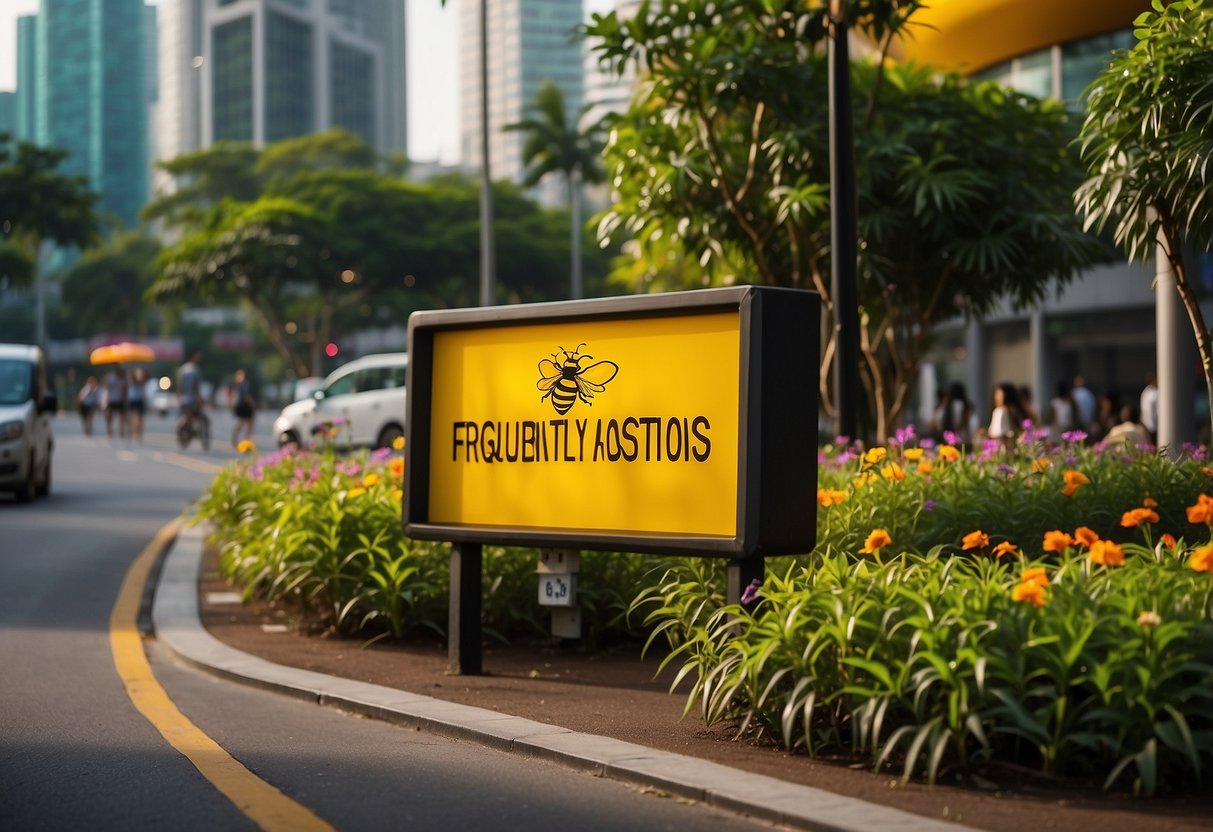 Busy bees buzzing around a colorful sign that reads "Frequently Asked Questions" in Singapore