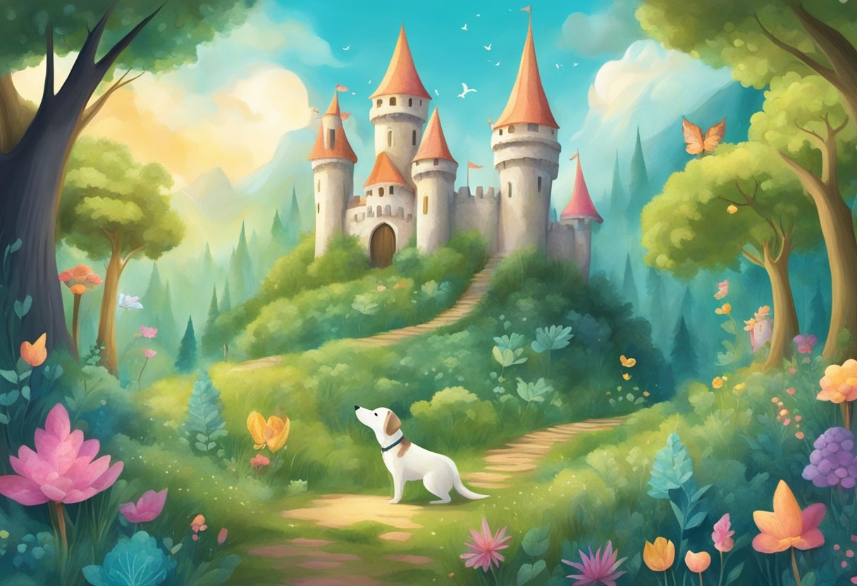 A magical forest with whimsical creatures and enchanted castles, where fairy tale dog names are whispered by the wind