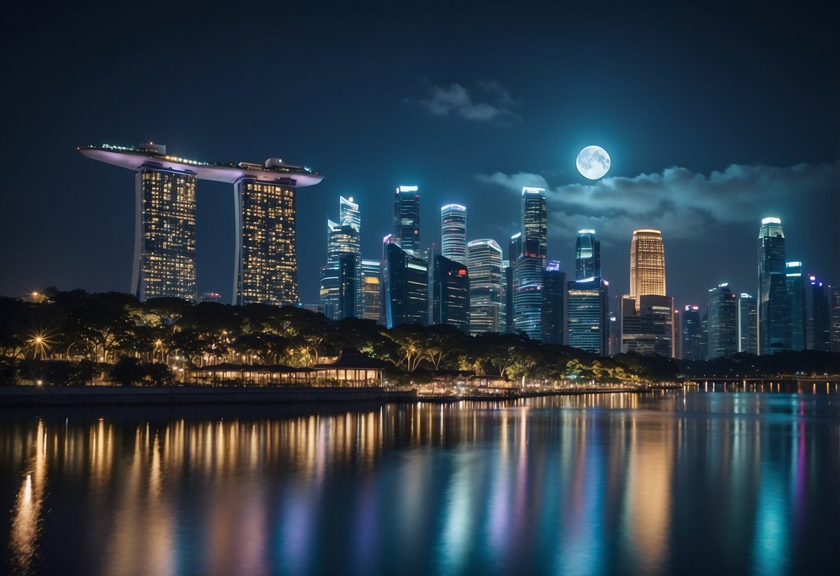 The Blue Moon rises over the Singapore skyline, casting a serene blue glow across the cityscape and reflecting in the calm waters below