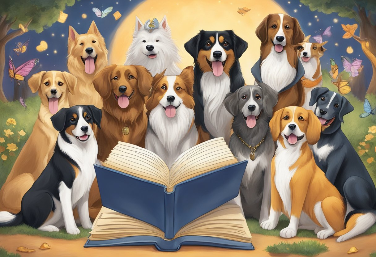 A group of dogs gather around a magical book filled with classic fairy tale names, wagging their tails in excitement