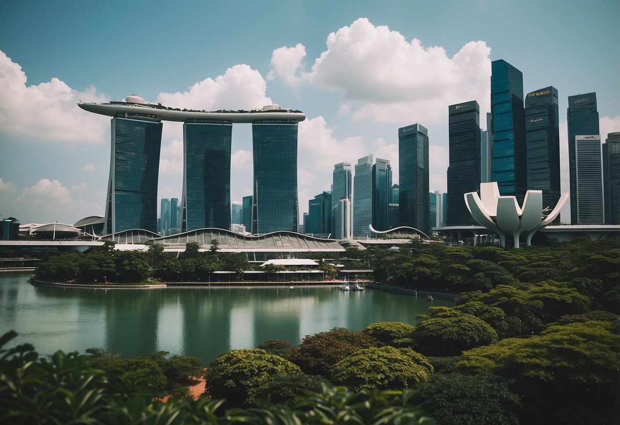 A bustling cityscape in Singapore, with iconic skyscrapers and the famous Marina Bay Sands in the background, surrounded by lush greenery and a vibrant city atmosphere