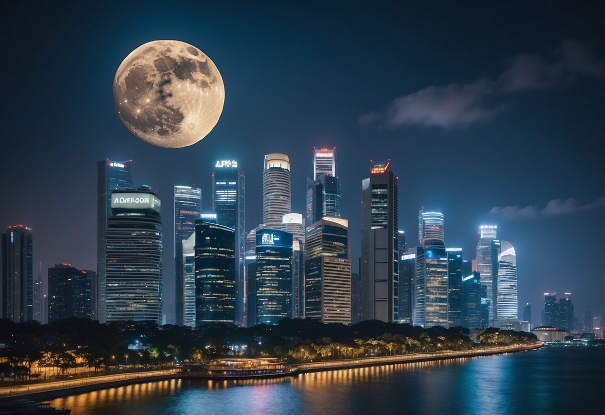 The iconic blue moon rises over Singapore's skyline, symbolizing cultural and scientific significance. The city's modern architecture juxtaposes with traditional elements, creating a unique and vibrant atmosphere