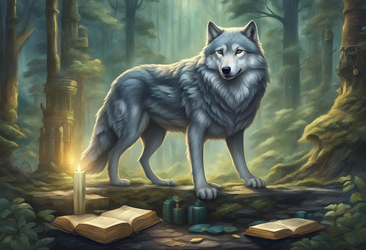 A majestic wolf-like creature stands in a mystical forest, surrounded by ancient tomes and magical artifacts. The creature exudes an aura of wisdom and power, reminiscent of mythological and fairy tale dogs