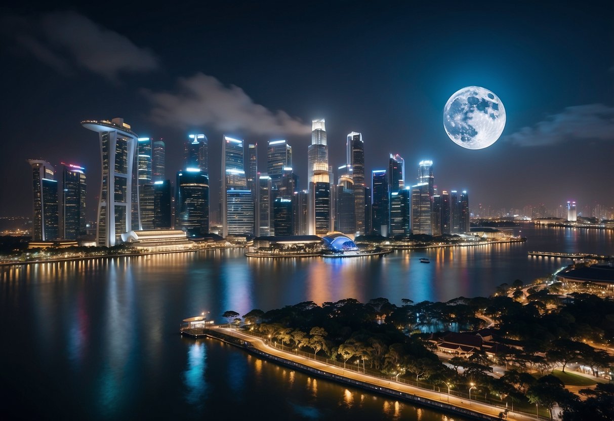 A glowing blue moon hovers over the iconic skyline of Singapore, with the city's landmarks illuminated against the night sky