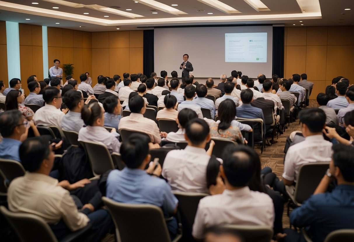 A group of professionals attending a seminar on professional development and opportunities hosted by CPA Singapore. The room is filled with eager participants and presenters engaging in discussions and networking