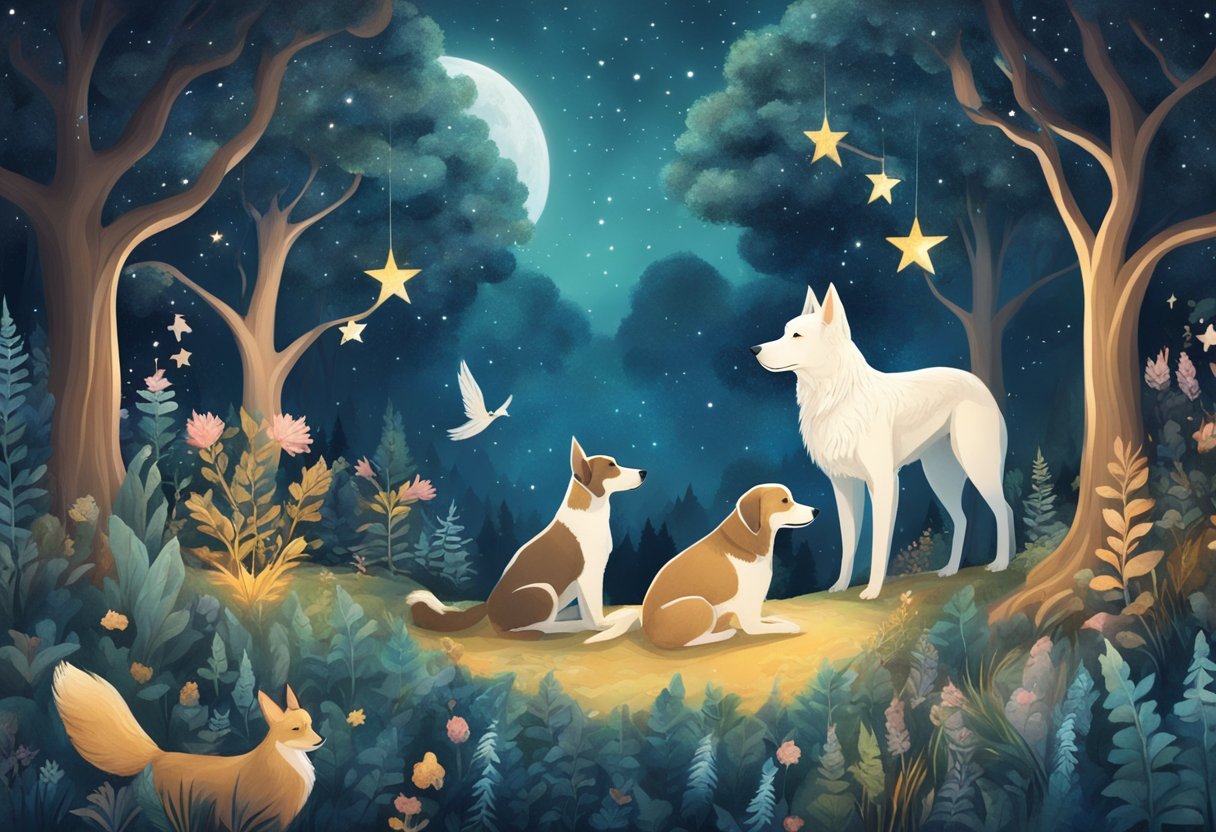 A serene forest with a starry sky and a celestial dog surrounded by magical creatures from fairy tales