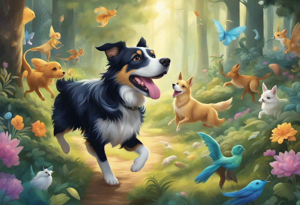 A dog with a wagging tail and bright eyes, surrounded by magical creatures from fairy tales, running through a whimsical forest