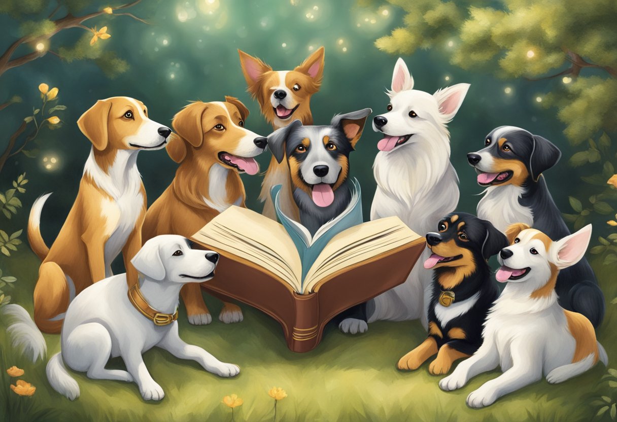 A group of whimsical dogs gather around a magical book filled with fairy tales, their tails wagging in excitement as they listen to the enchanting stories