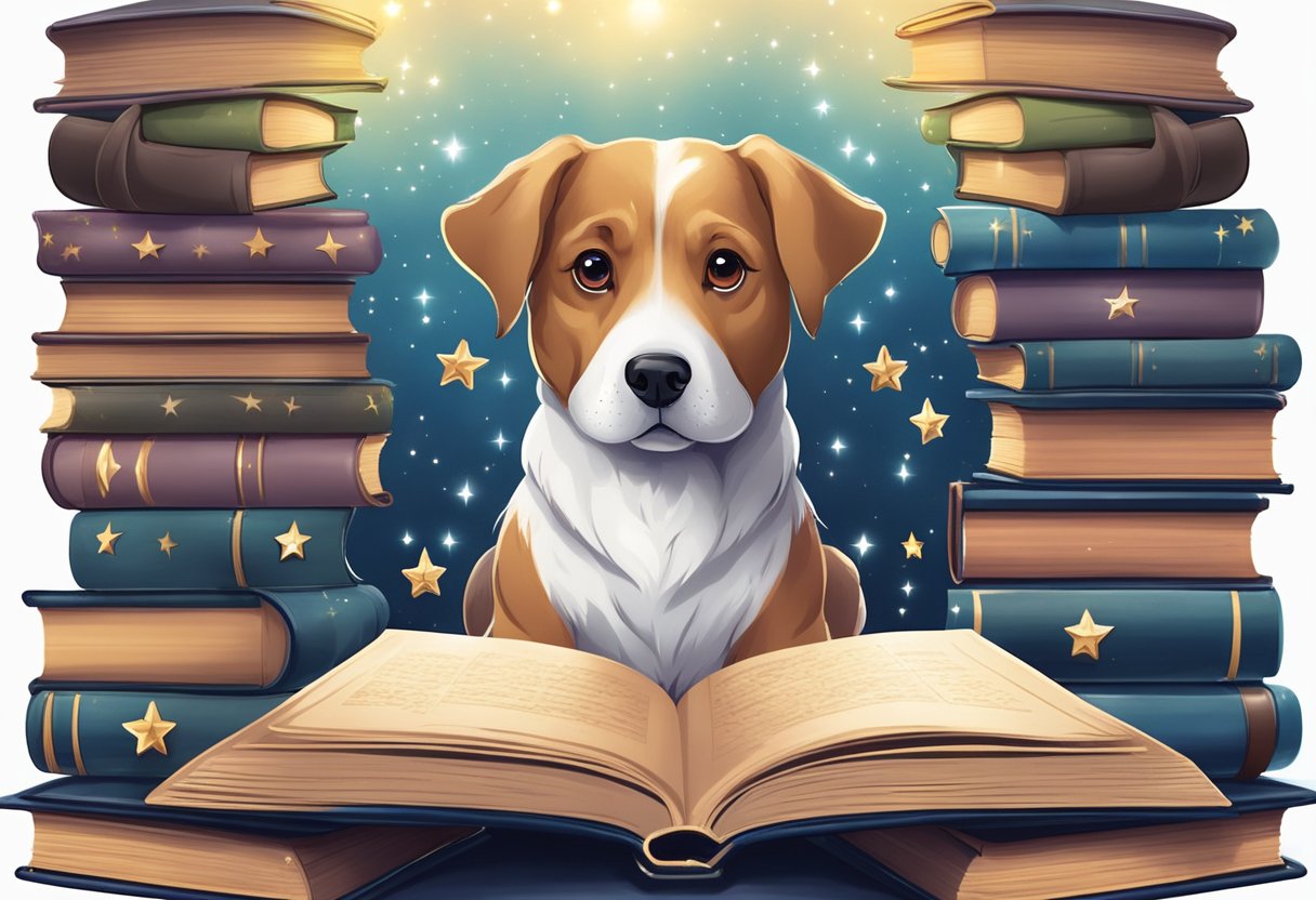 A dog sitting next to a stack of fairy tale books, with a thoughtful expression, surrounded by magical elements like stars and sparkles