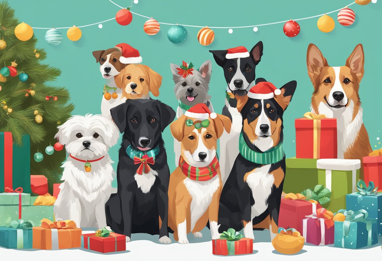 A group of dogs wearing festive accessories, surrounded by seasonal decorations and holiday-themed props
