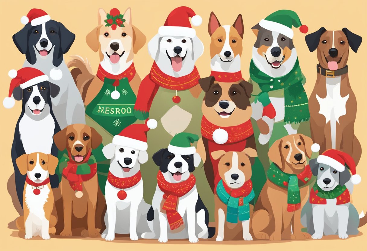 Dogs wearing festive attire gather around a sign with seasonal and holiday-inspired names. They playfully interact, showcasing the importance of unique dog names