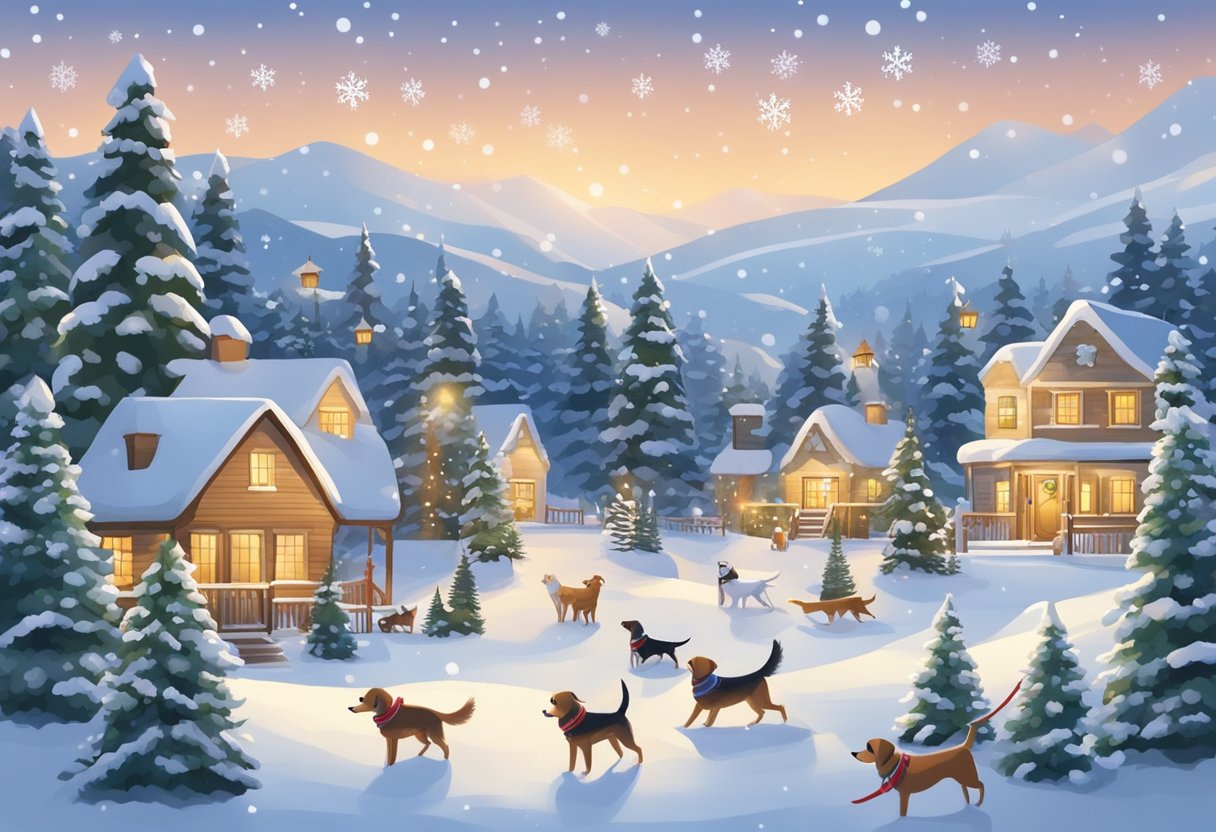 Snow-covered landscape with a variety of holiday decorations and seasonal elements, such as evergreen trees, snowflakes, and festive lights, with a group of dogs playing and wearing holiday-themed accessories