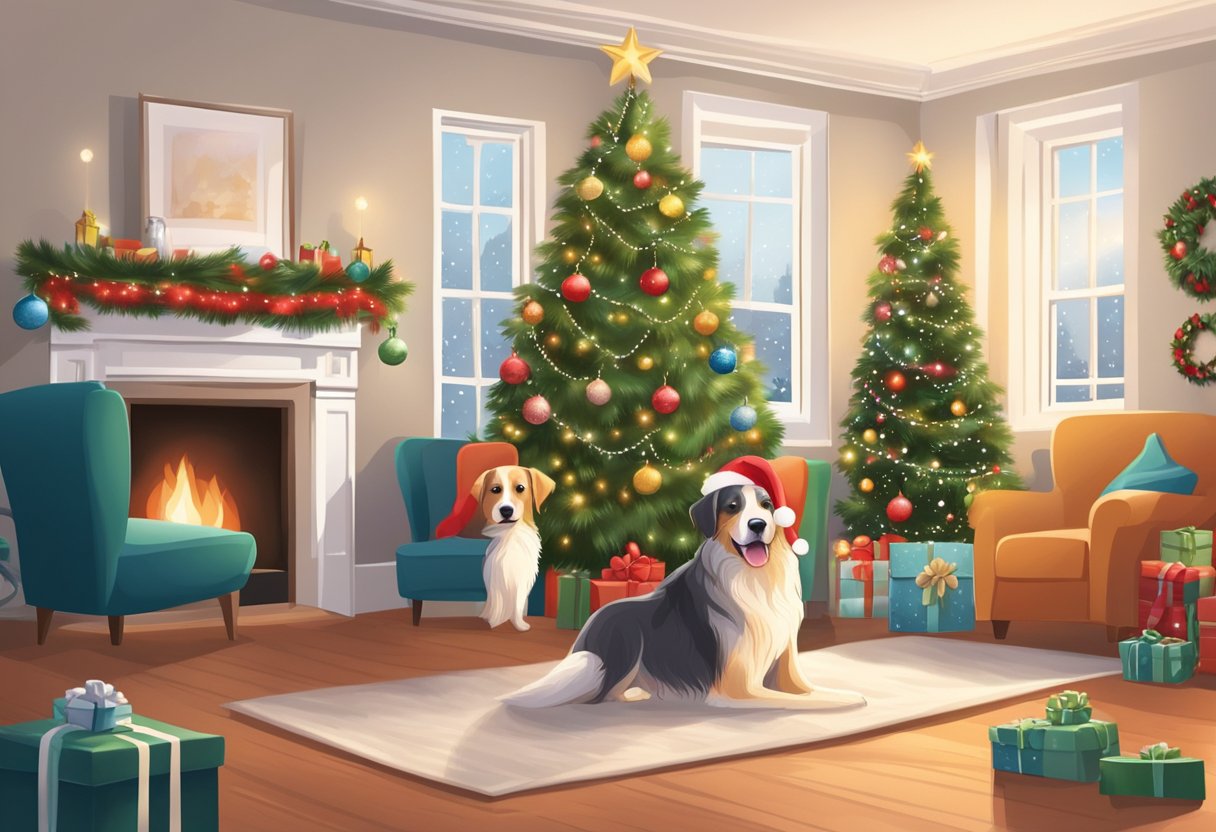 A cozy living room with a festive fireplace, twinkling Christmas tree, and a joyful dog wearing a Santa hat