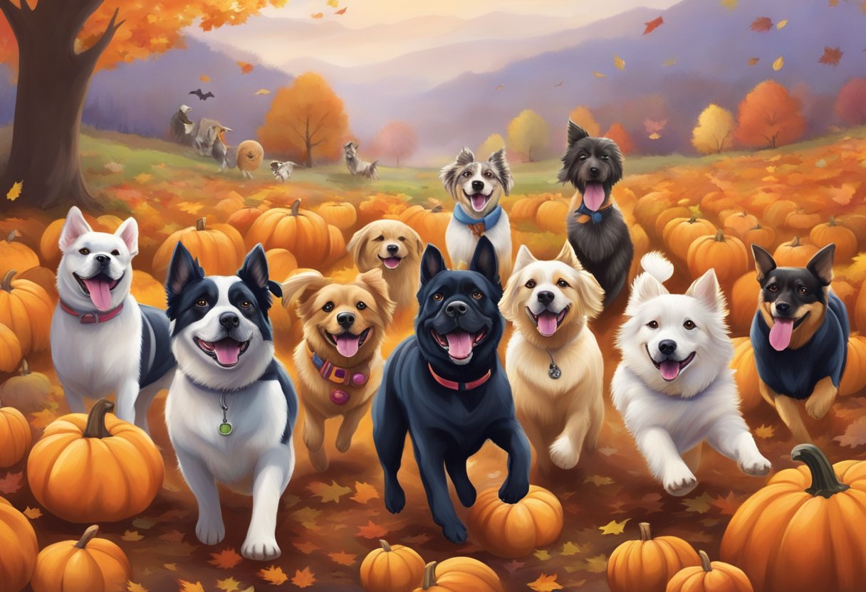 A group of dogs, each wearing a different Halloween costume, playfully run through a pumpkin patch surrounded by colorful autumn leaves