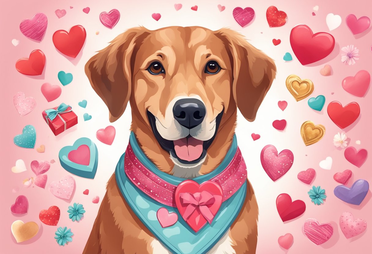 A happy dog wearing a heart-shaped collar, surrounded by Valentine's Day decorations and symbols of love, such as hearts, flowers, and chocolates