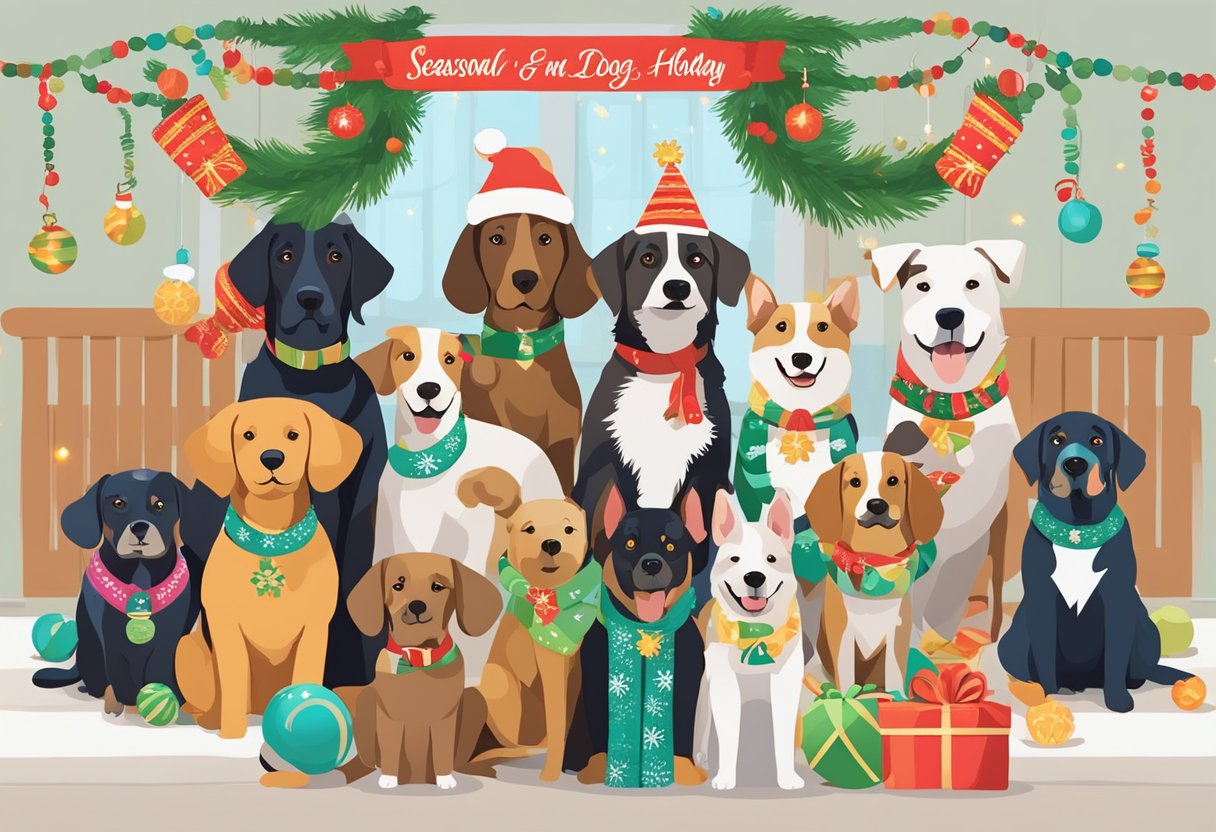 A group of dogs wearing festive holiday attire gather around a sign that reads "Seasonal and Holiday-Inspired Dog Names." The dogs are surrounded by colorful decorations and symbols of various holidays