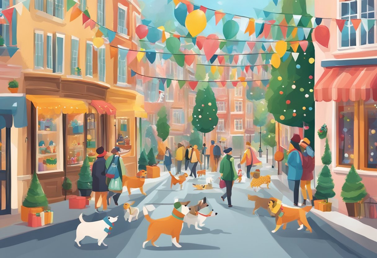 Colorful banners and decorations adorn a festive street, with dogs wearing themed costumes and playing with holiday-inspired toys