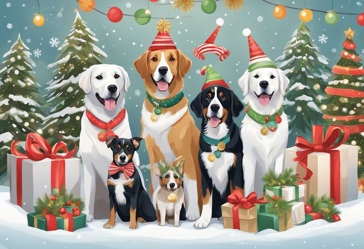 Dogs wearing festive accessories in a winter wonderland, surrounded by seasonal decorations and holiday-themed props