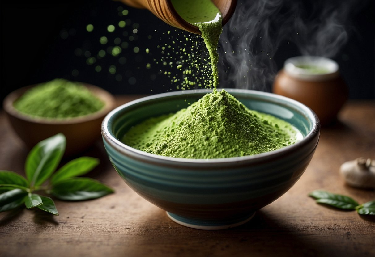 Vibrant green matcha powder spills from a bamboo scoop into a ceramic bowl. A stream of hot water is carefully poured over the powder, creating a frothy, aromatic brew