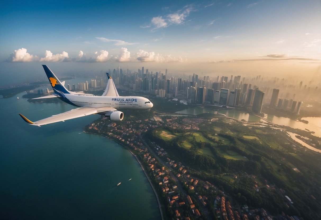 A plane flies over the sparkling waters from Jakarta to Singapore. The cityscape of both destinations can be seen in the distance