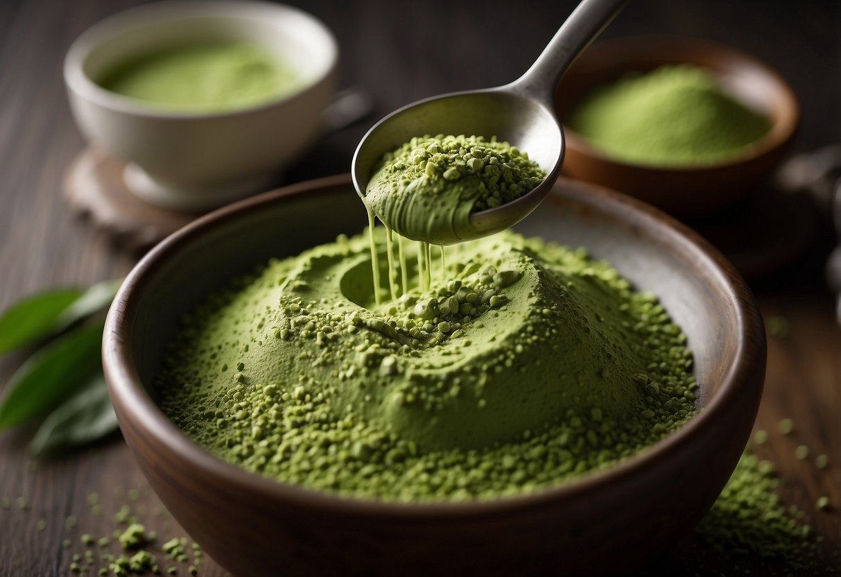 A bowl of vibrant green matcha powder being whisked into a frothy, smooth liquid. A serene and peaceful atmosphere, with soft natural lighting