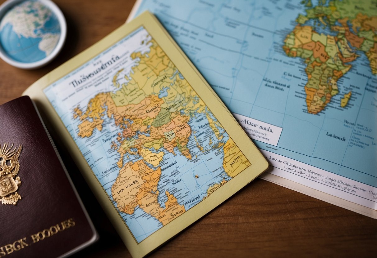 Passport and map on a table, with a plane ticket and travel guide. Jakarta and Singapore landmarks in the background