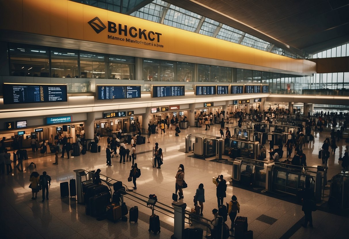 A bustling airport terminal with people in line at a ticket counter, luggage in hand, and signs pointing towards flights from Jakarta to Singapore