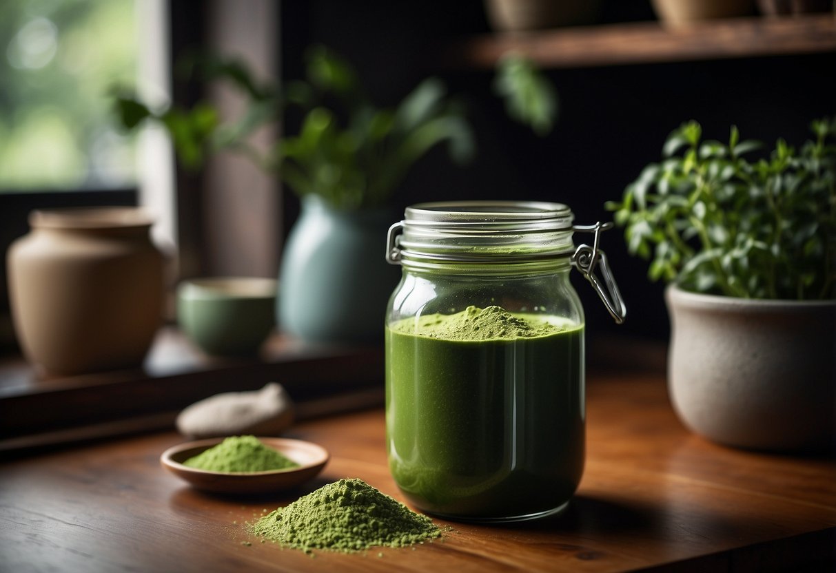 A ceramic jar with a tight-fitting lid holds vibrant green matcha powder. The jar is placed in a cool, dark cupboard, away from direct sunlight and moisture