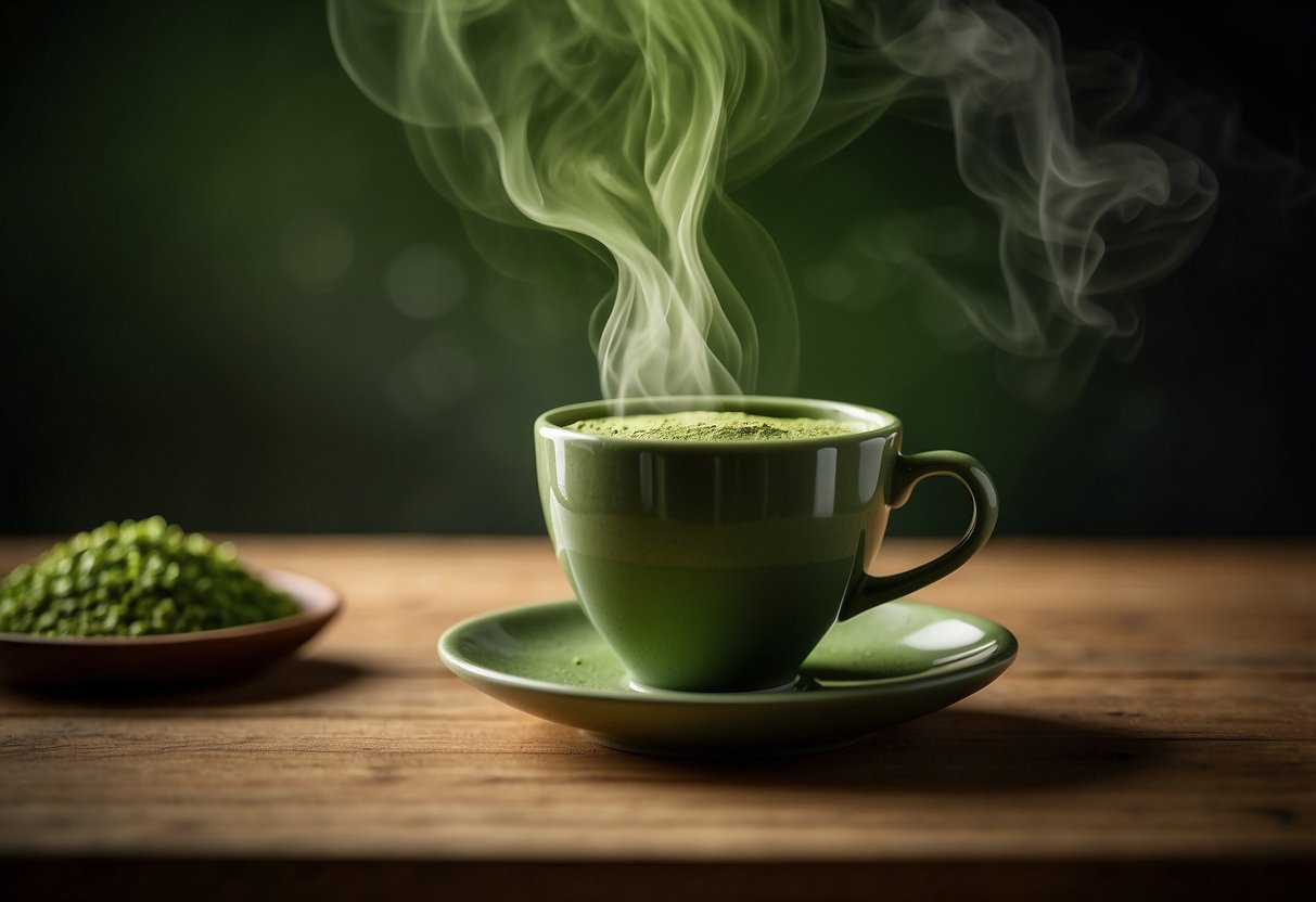 A steaming cup of matcha sits on a wooden table, emitting a vibrant green hue. A delicate aroma of earthy sweetness fills the air