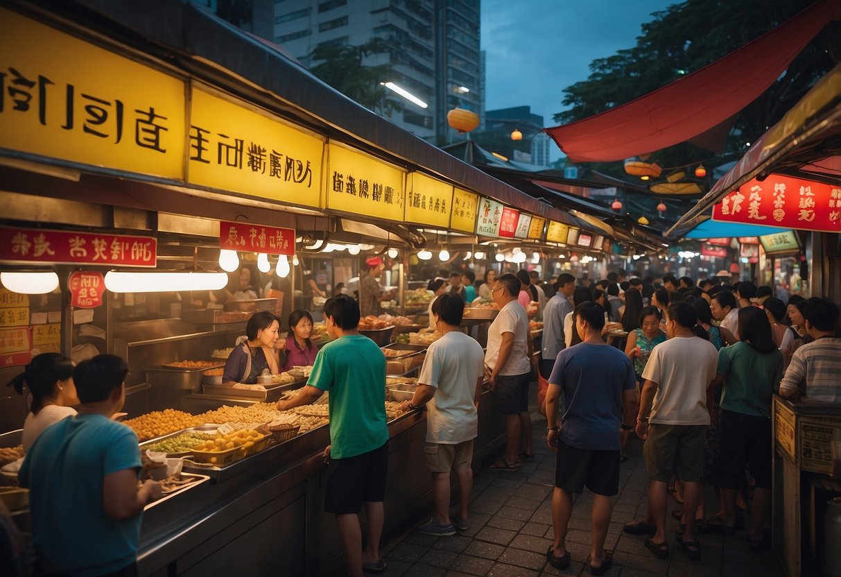 A bustling hawker center in Singapore, with colorful food stalls and busy customers. The iconic "kaunta" sign stands out above the vibrant scene