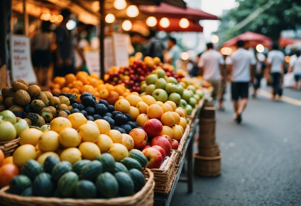 Exploring Kaunta Singapore: bustling street market, colorful stalls, exotic fruits, and aromatic street food