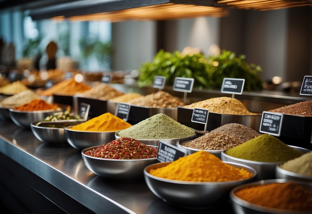A colorful display of exotic spices, herbs, and ingredients arranged on a sleek, modern countertop at Signature Flavours and Ingredients in Singapore
