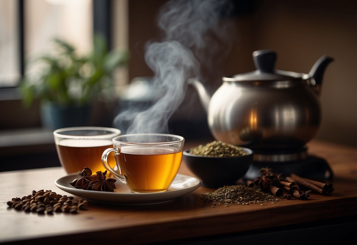 A steaming pot of chai tea simmering on a stove, surrounded by various spices and a teapot. A small bowl of loose tea leaves sits nearby