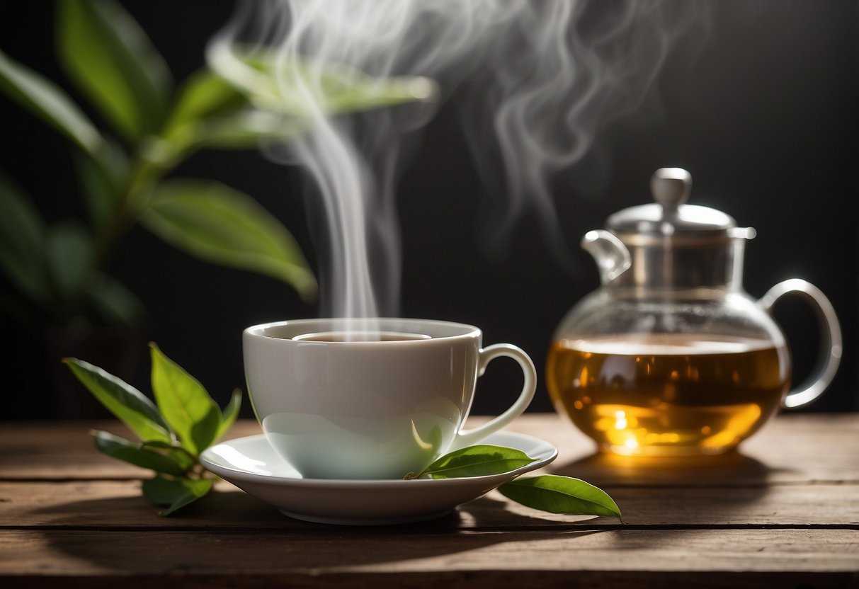 A steaming cup of oolong tea sits on a wooden table, surrounded by fresh green tea leaves and a delicate teapot. The warm, inviting aroma wafts through the air, promising a soothing and energizing experience