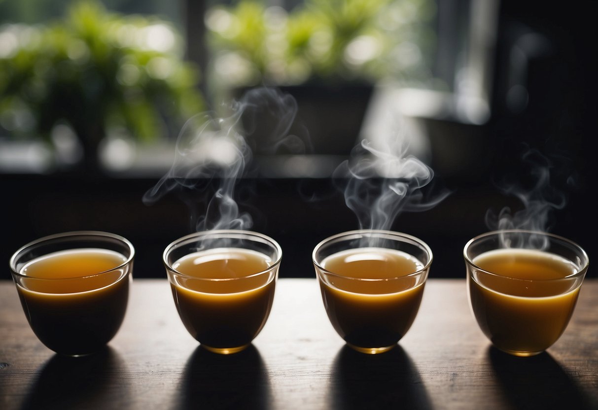 A steaming cup of oolong tea sits next to other types of tea, showcasing its unique caffeine content