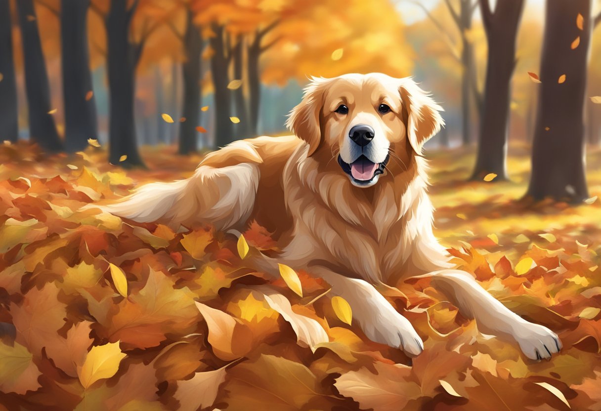 A golden retriever plays in a pile of fallen leaves, surrounded by vibrant autumn colors and a cool breeze in the air