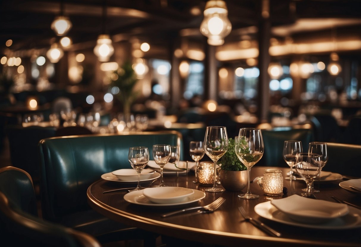 The bustling restaurant is filled with elegant tables and diners enjoying their meals. The aroma of sizzling steak and the clinking of glasses create a lively atmosphere