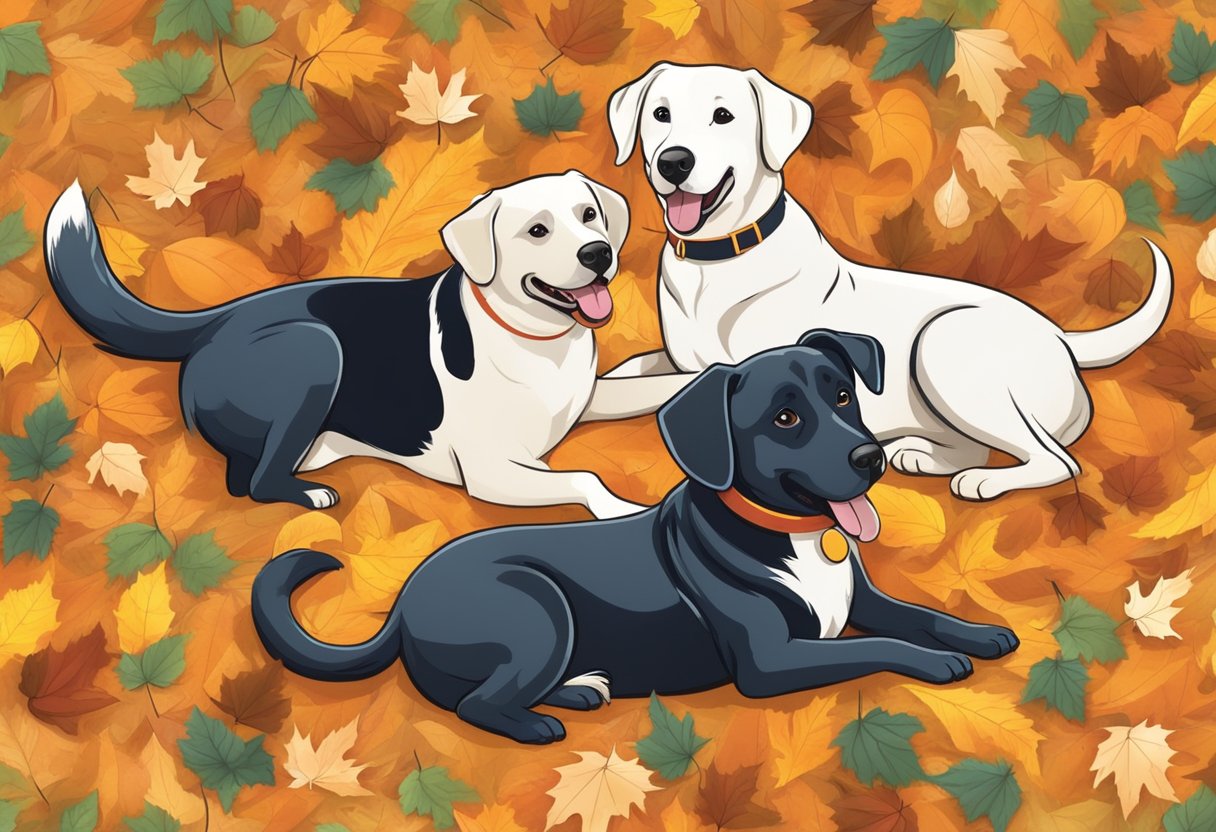 Dogs playing in a colorful pile of autumn leaves, with names like Maple, Pumpkin, and Chestnut written in playful script around them